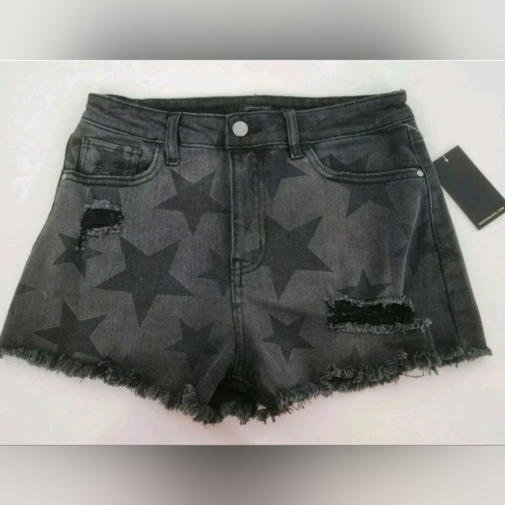 Material Womens Denim Shorts Charcoal Wash Stars Distressed Cut-Off. Size 1